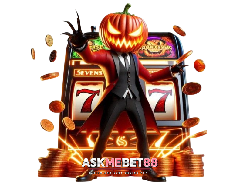 การ์ตูนฟักทองหัวแจ็คยืนหน้าตู้สล็อต พร้อมเอฟเฟกต์ไฟและเหรียญทอง